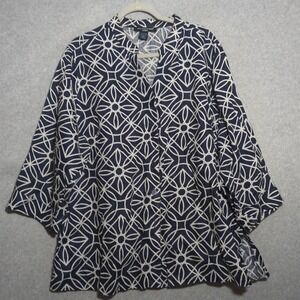 Saint Tropez West Navy Blue White Geometric Linen 3/4 Sleeve Button Front Top 2X